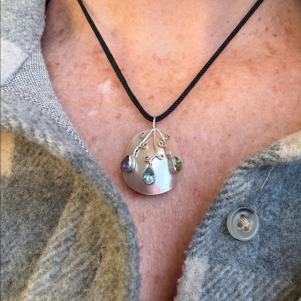 Sterling Silver Mother-of-Pearl Pendant Necklace with Multicolor Gem Drops.